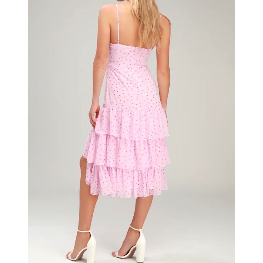 Lulus Nellie Pink Polka Dot Tiered Midi Dress XS Square Neck Ruffle Side Slit - Picture 2 of 11
